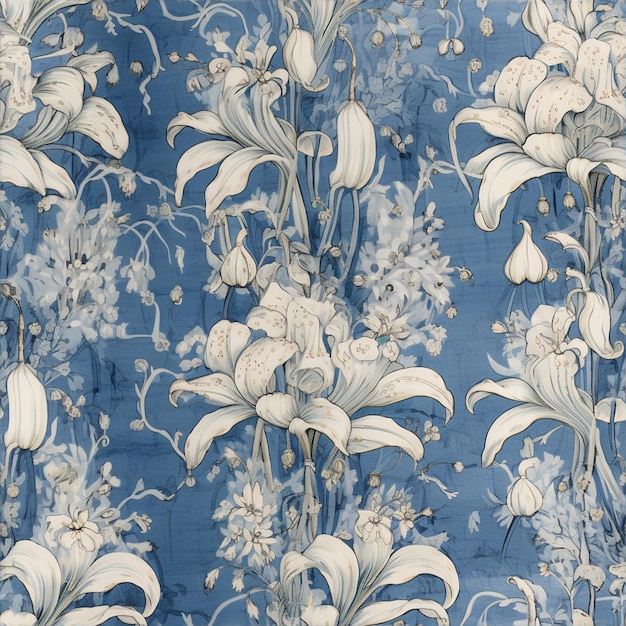 Há um papel de parede floral azul e branco com flores brancas generativas ai