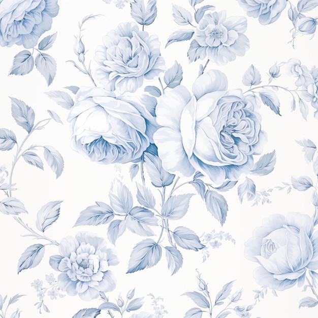 Há um papel de parede floral azul e branco com um padrão de rosa generativo ai