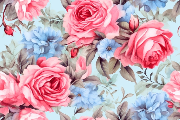 há um papel de parede floral azul e rosa com rosas generativas ai