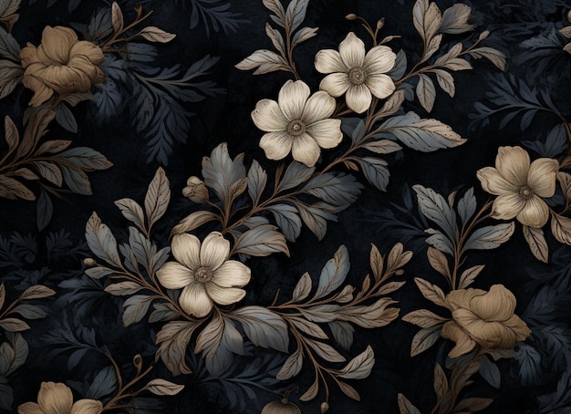 há um papel de parede floral preto e dourado com folhas e flores generativas ai