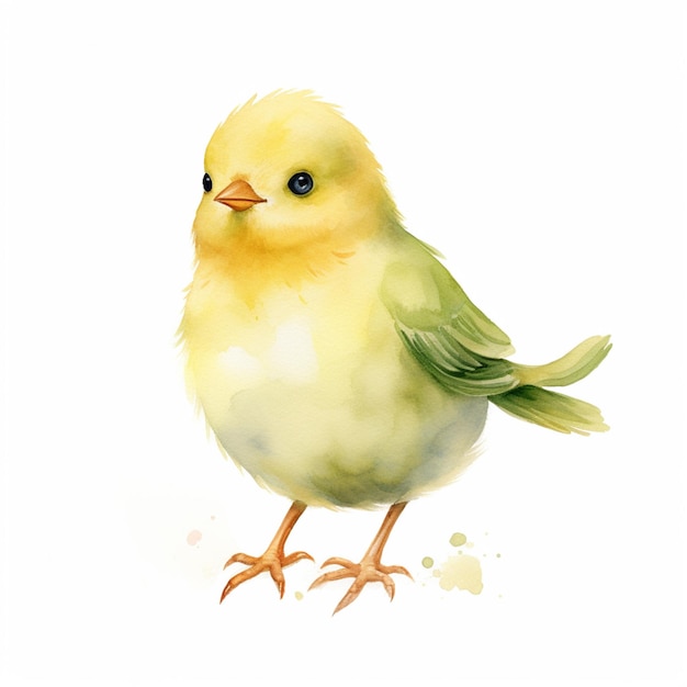 Há um pássaro amarelo com um bico verde de pé em uma superfície branca generativa ai