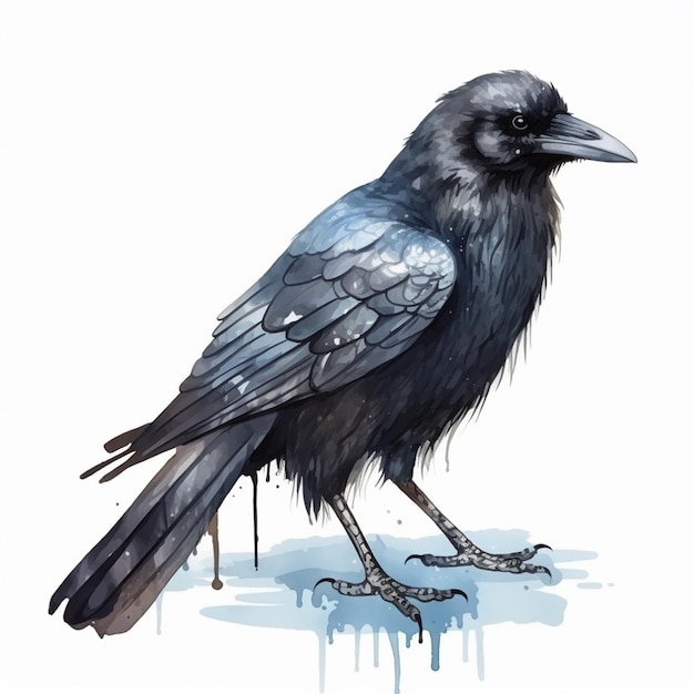 Há um pássaro preto com um bico azul de pé em um pedaço de gelo generativo ai