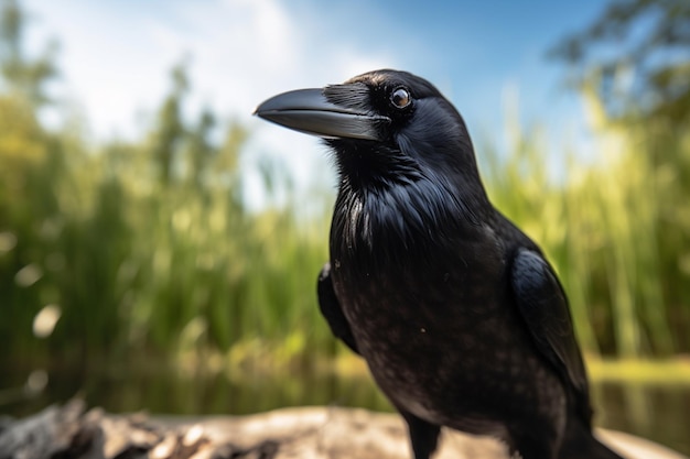 Há um pássaro preto parado em um tronco perto do gerador de água ai