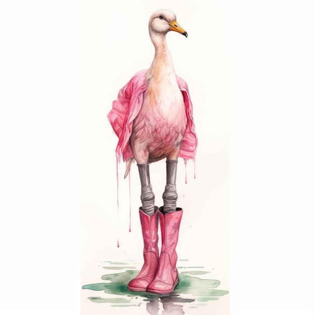 Há um pássaro rosa com um casaco rosa e botas cor-de-rosa generativo ai