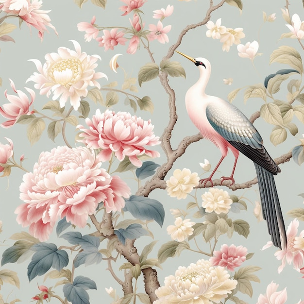 há um pássaro sentado em um galho de uma árvore com flores generativo ai