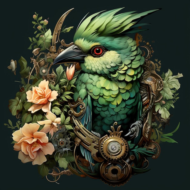 Há um pássaro verde com um relógio e flores nele.