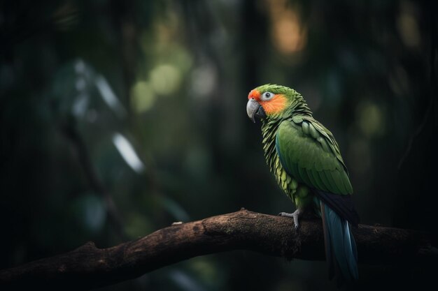 Há um pássaro verde e laranja sentado em um galho generativo ai