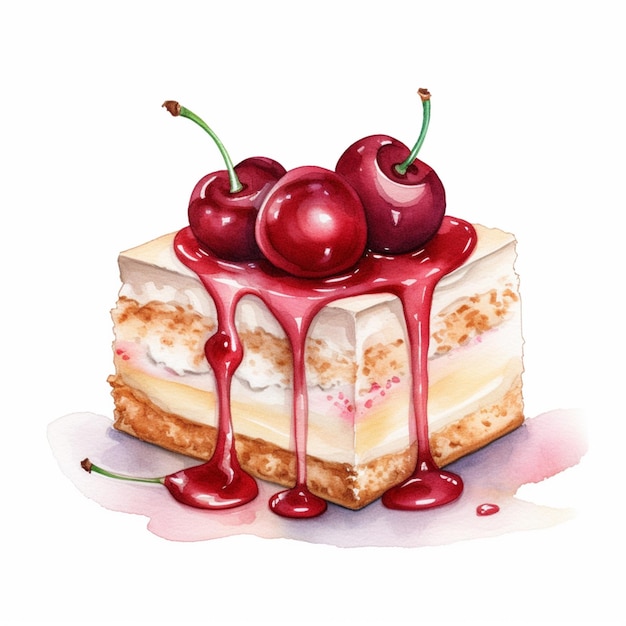Foto há um pedaço de bolo com cerejas em cima dele.
