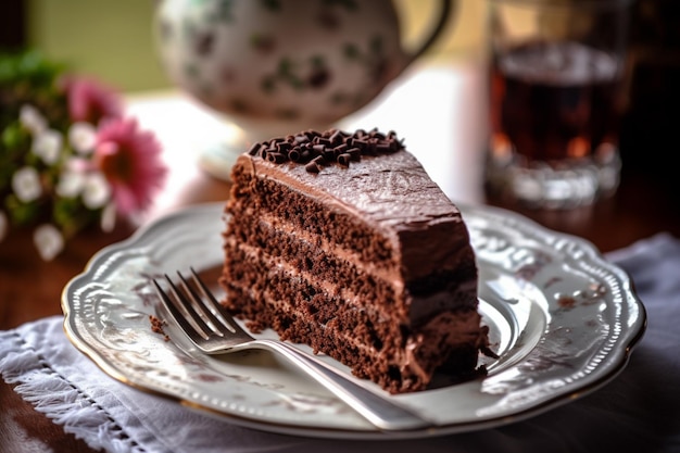 Há um pedaço de bolo de chocolate em um prato com um garfo generativo ai