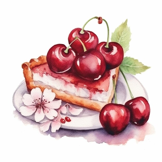 Foto há um pedaço de torta com cerejas em um prato generativo ai