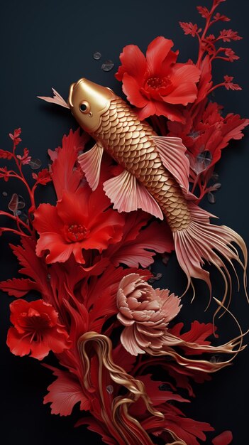 Foto há um peixe dourado com flores vermelhas em um fundo preto generativo ai