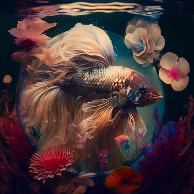 Há um peixe que está a nadar numa tigela com flores.
