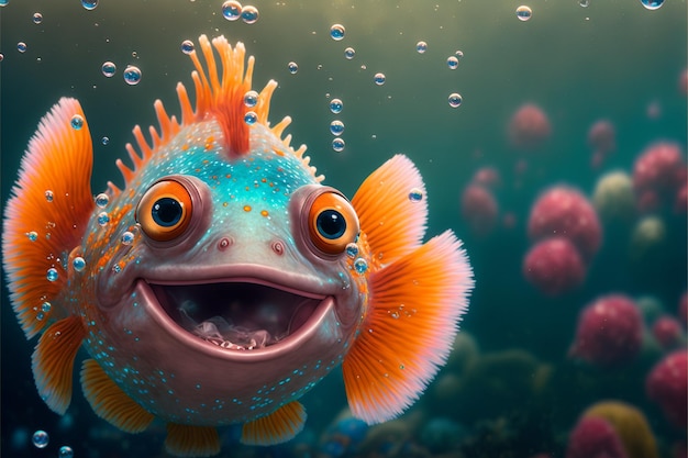 Foto há um peixe que está a sorrir e a olhar para a câmara.