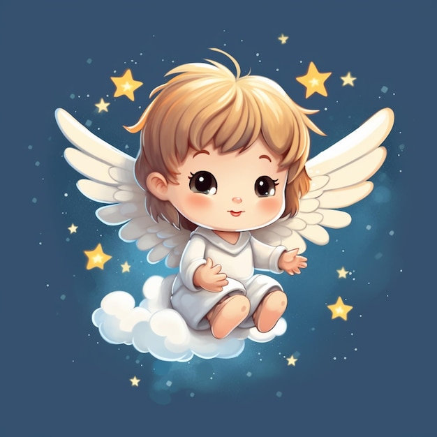 Foto há um pequeno anjo sentado em uma nuvem com estrelas generativa ai