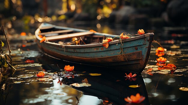 há um pequeno barco com flores flutuando na água geradora de IA