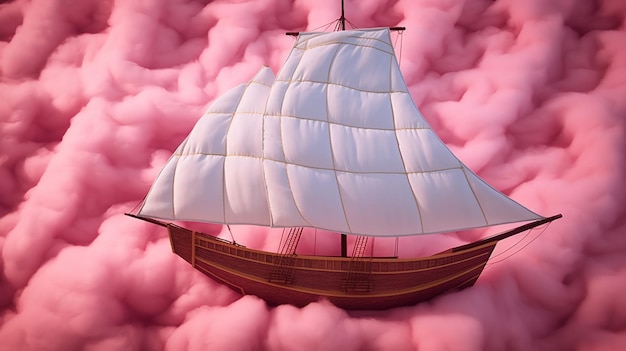 Foto há um pequeno barco flutuando em um céu cheio de nuvens cor-de-rosa