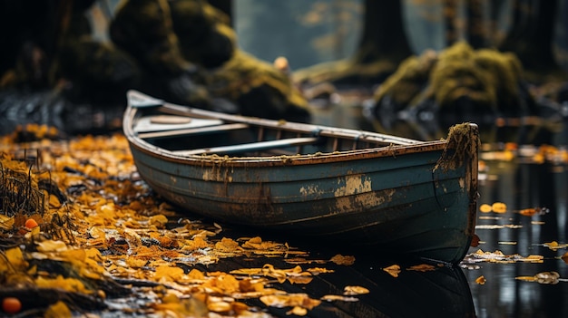 há um pequeno barco sentado na água na floresta generativa ai