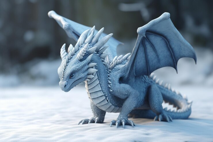 Foto há um pequeno brinquedo de um dragão azul situado na neve