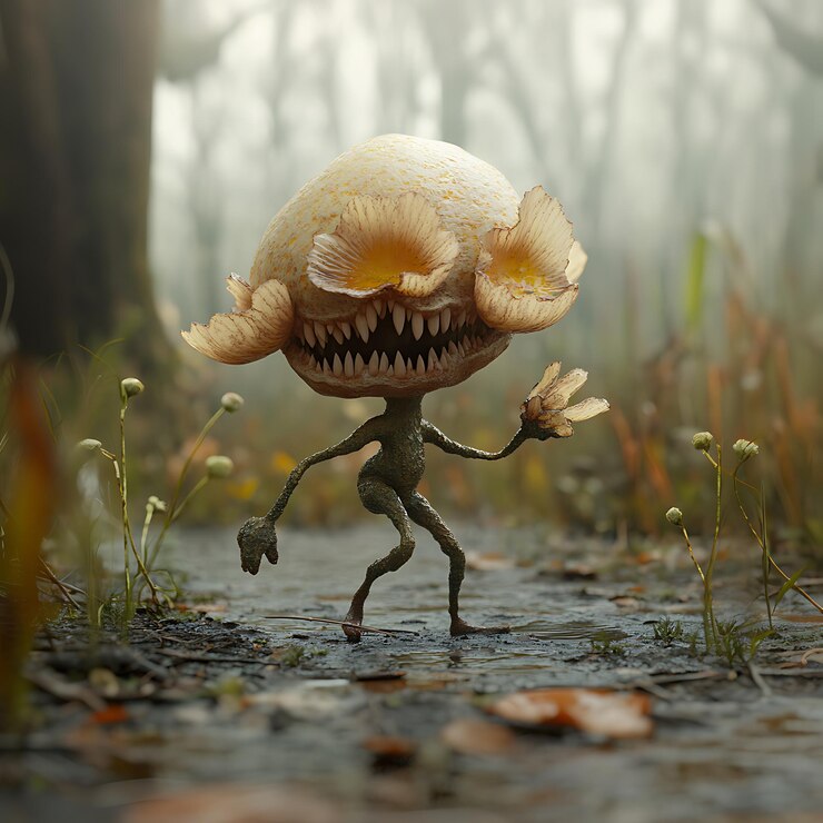 Foto há um pequeno brinquedo que está andando na floresta
