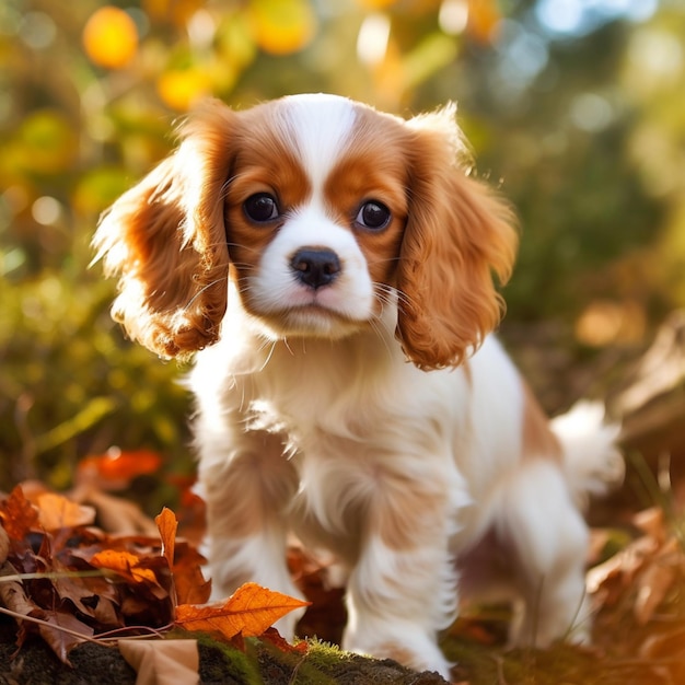 Há um pequeno cão que está de pé nas folhas generativo ai