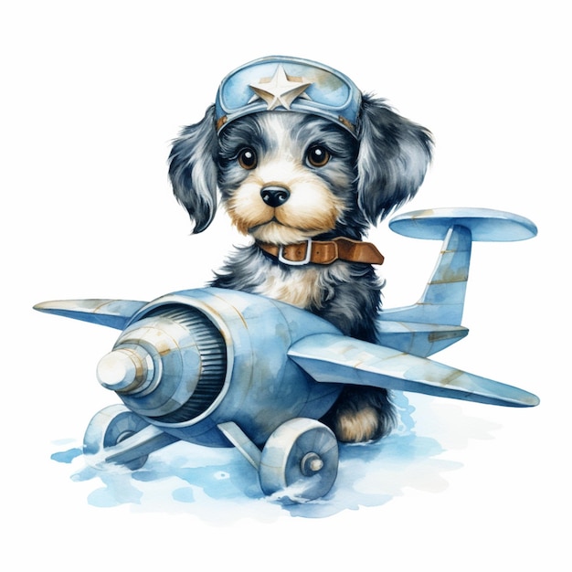 há um pequeno cão sentado em um avião de brinquedo generativo ai