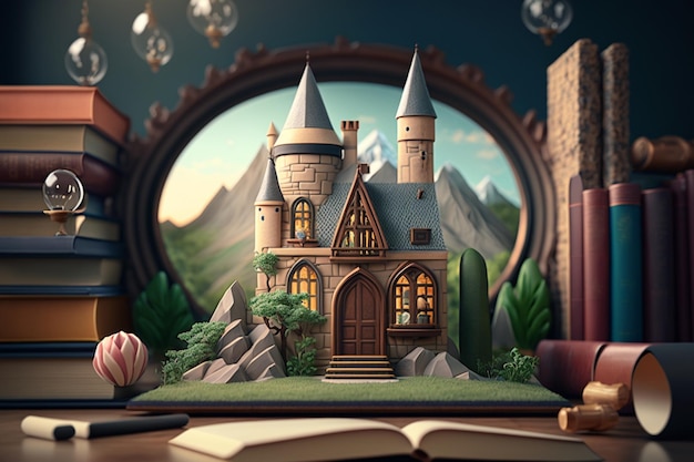 Há um pequeno castelo sobre uma mesa com livros e uma vela generativa ai