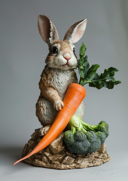 Foto há um pequeno coelho que está segurando uma cenoura e brócolis generativo ai