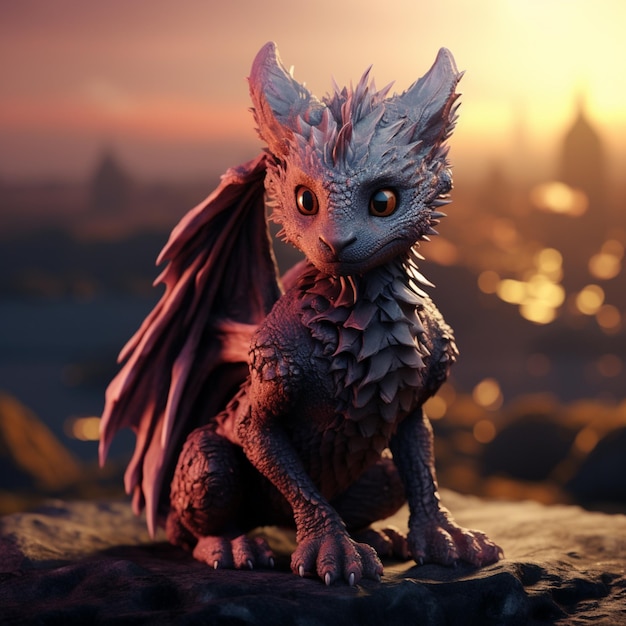 Foto há um pequeno dragão sentado numa rocha com um pôr-do-sol no fundo.
