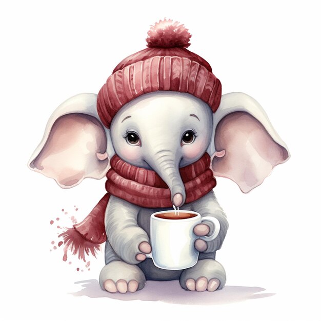 Há um pequeno elefante vestindo um chapéu vermelho e um lenço segurando uma chávena de café.