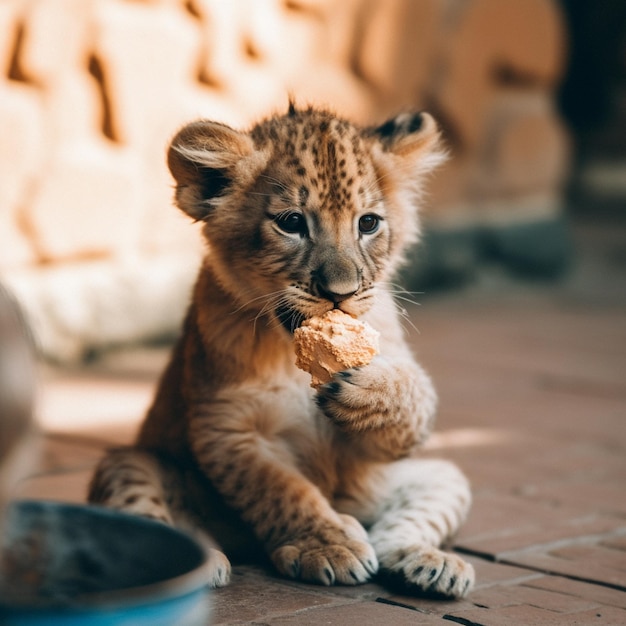 Foto há um pequeno filhote de leão comendo um pedaço de comida generativo ai