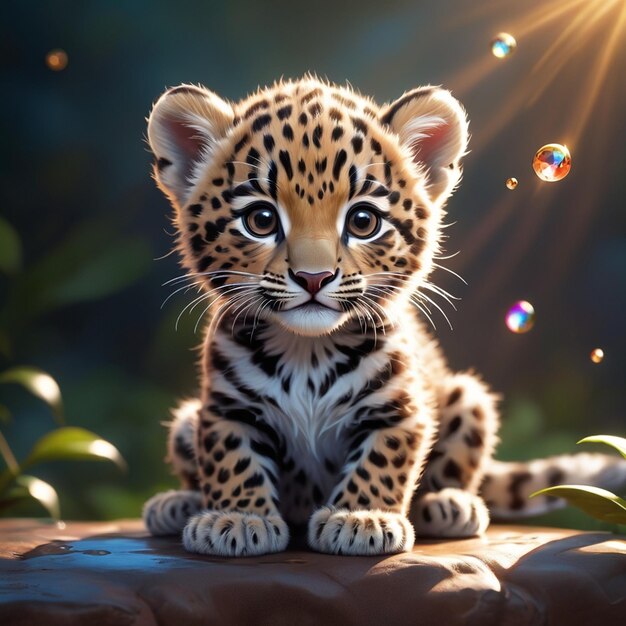 Foto há um pequeno filhote de leopardo sentado em um galho no sol generativo ai