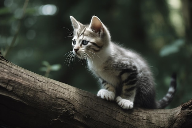 Há um pequeno gatinho sentado em um galho de árvore generativo ai