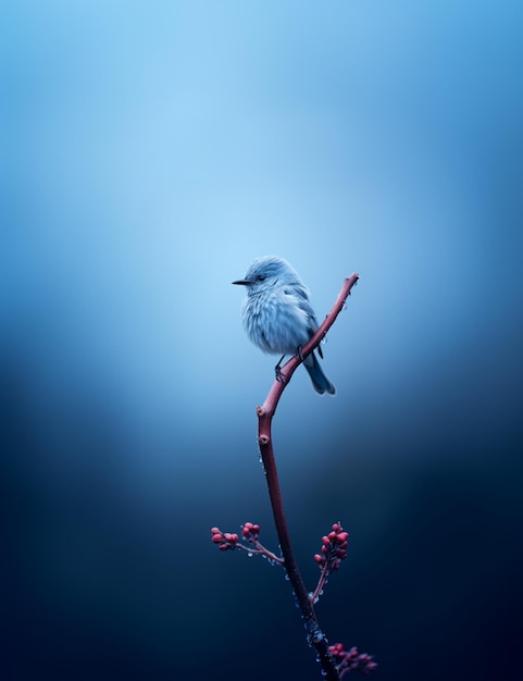 Há um pequeno pássaro sentado em um galho com um céu azul no fundo generativo ai