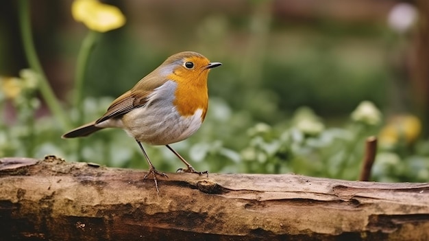 Há um pequeno pássaro sentado em um tronco na floresta.