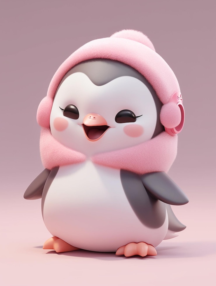 Foto há um pequeno pinguim usando um chapéu rosa e um lenço generativo ai