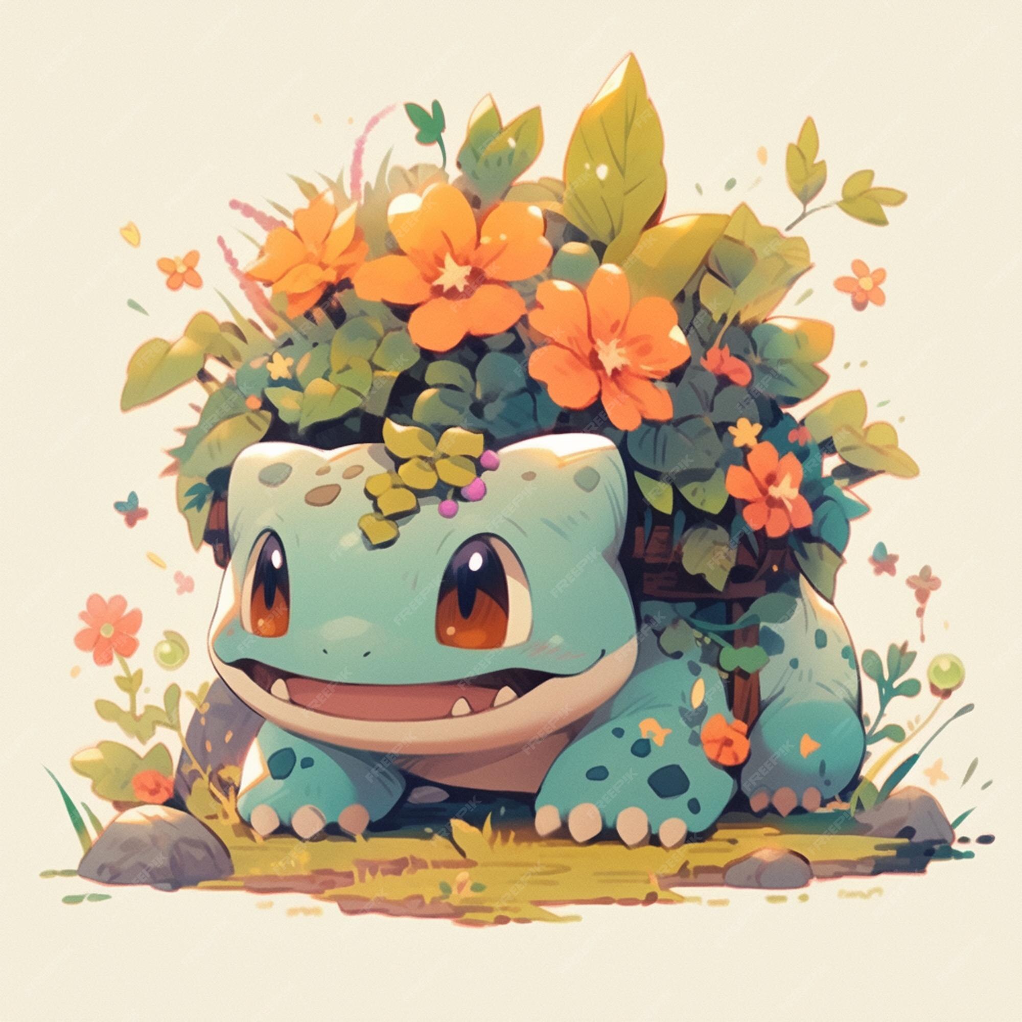 Há um pequeno pokémon azul sentado na grama com flores generativas ai