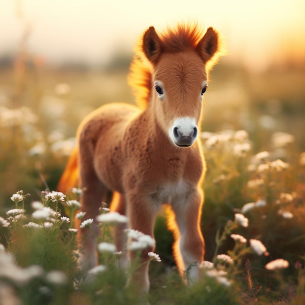 Foto há um pequeno pónei de pé em um campo de flores generativo ai