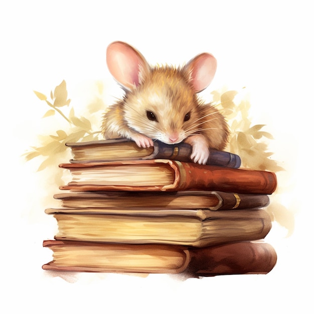 Há um pequeno rato que está sentado em uma pilha de livros generativos ai