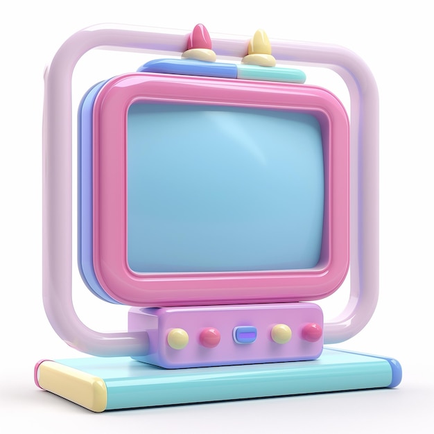 Há um pequeno televisor com um ecrã rosa e azul generativo ai