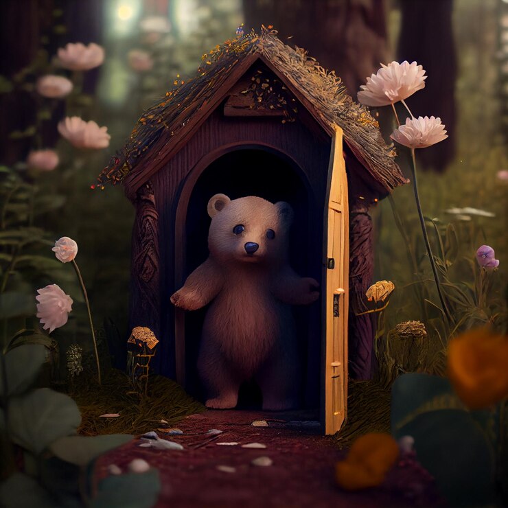 Foto há um pequeno urso castanho de pé em uma pequena casa de madeira generativa ai