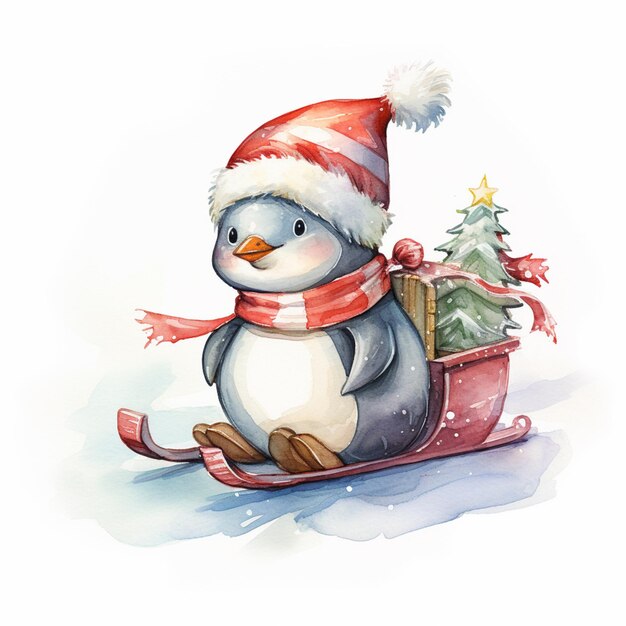 Há um pinguim sentado num trenó com uma árvore de Natal.