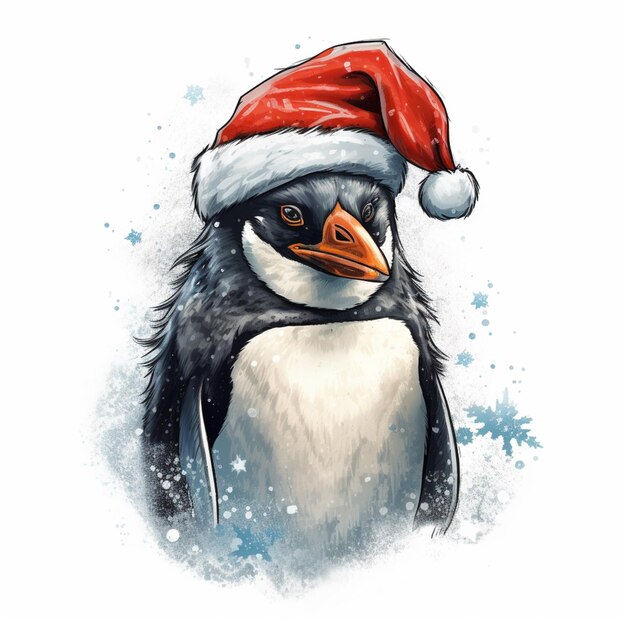 Há um pinguim vestindo um chapéu de Papai Noel e um floco de neve generativo ai