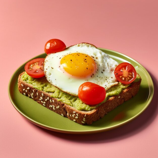 Há um prato com um sanduíche com um ovo e tomates nele.