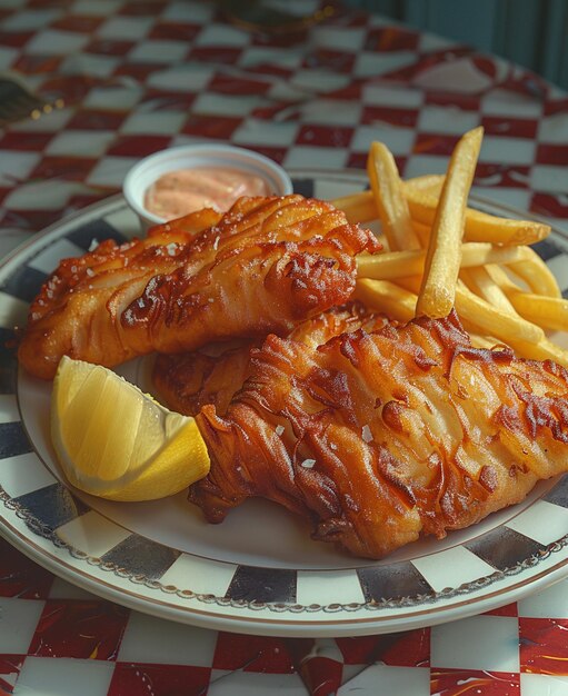 Foto há um prato de comida com peixe e batatas fritas nele.