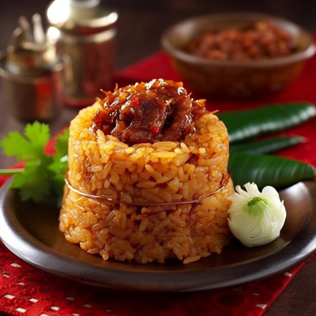 Foto há um prato de comida com um pano vermelho e uma colher generativa ai