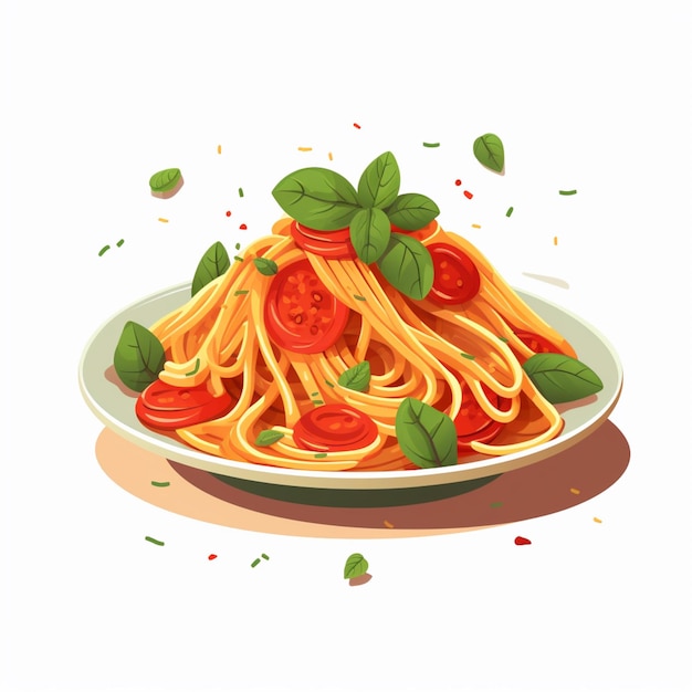 há um prato de espaguete com tomate e manjericão ai generativo