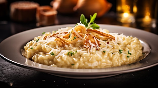 Foto há um prato de risoto com queijo parmesão e parmesão generativo ai