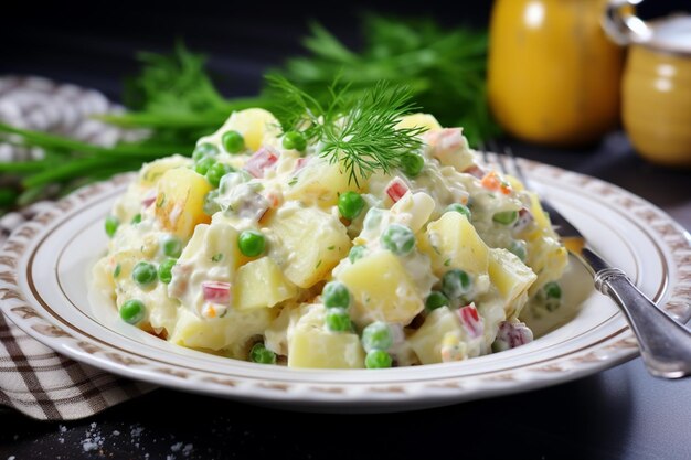 Foto há um prato de salada de batata com ervilhas e pepinos generativos ai