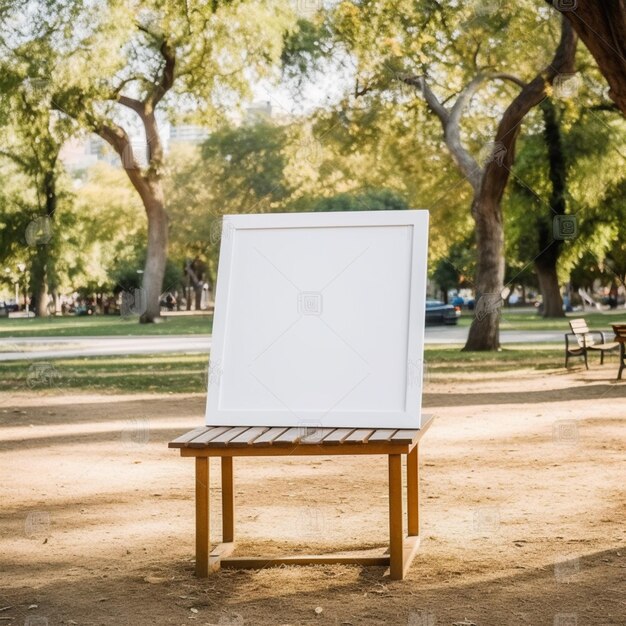 Foto há um quadro branco em branco em um banco de madeira em um parque generativo ai