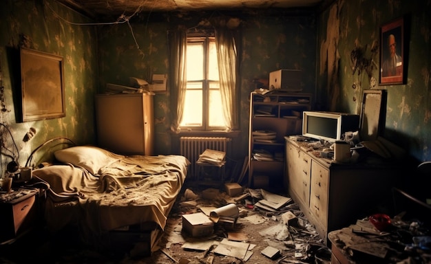 Foto há um quarto bagunçado com uma cama e uma televisão.